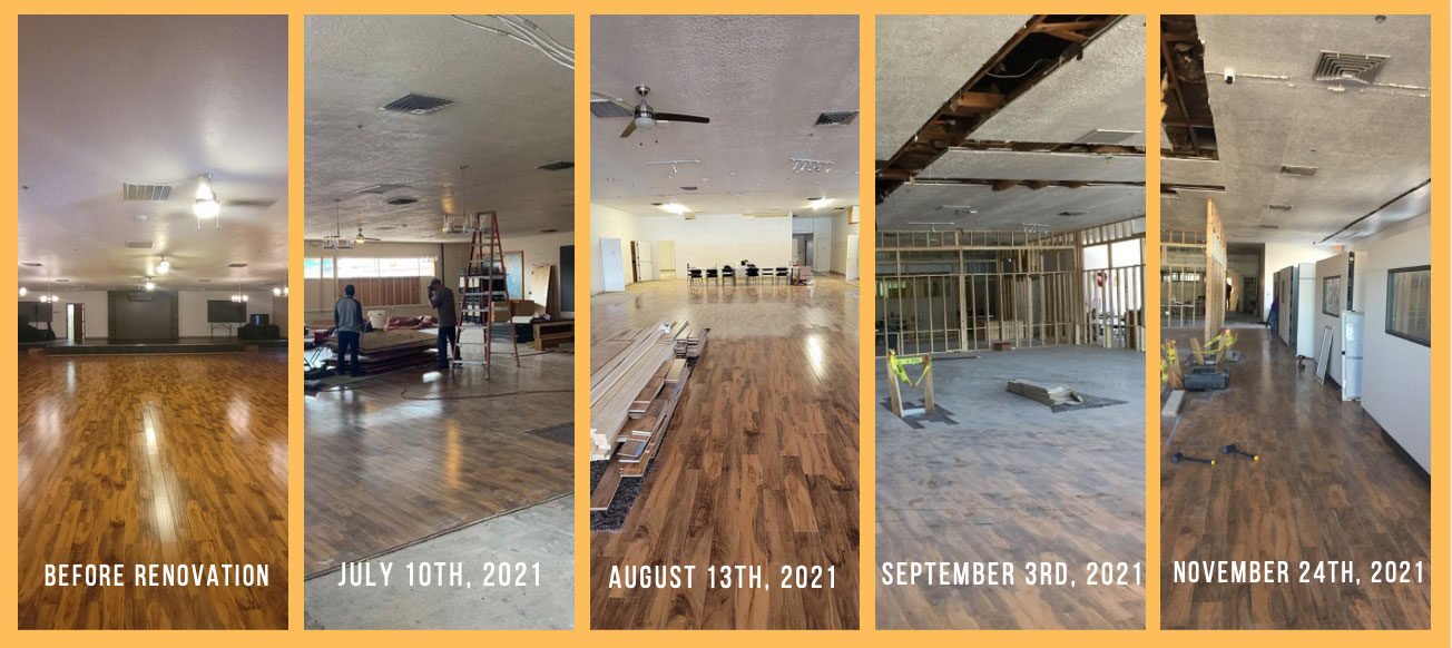 Photos showing the progress of the building renovation over several months